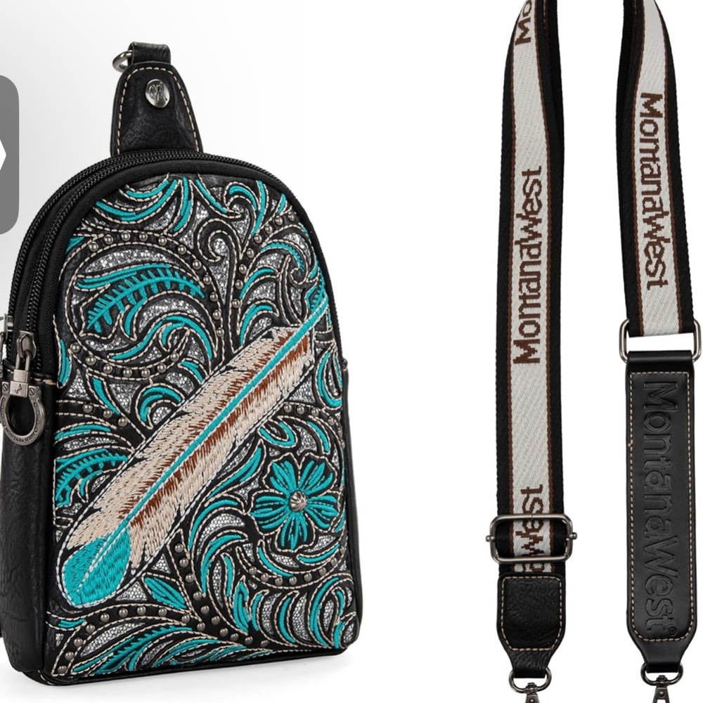 Montana West Black and Teal Embroidered Crossbody Bag - Picture 1 of 6